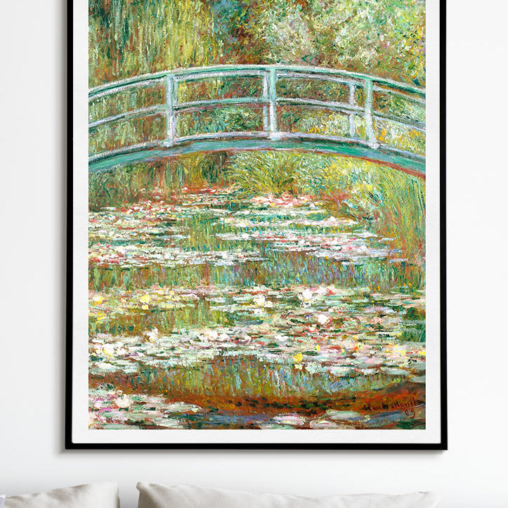 Claude Monet art poster featuring his masterpiece 'Bridge Over a Pond of Water Lilies'.