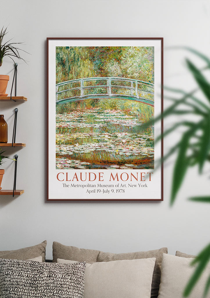 Claude Monet art poster featuring his masterpiece 'Bridge Over a Pond of Water Lilies'.