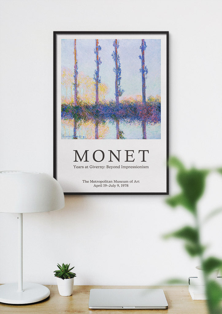 Claude Monet exhibition poster featuring his landscape painting 'The Four Trees' from 1891. 