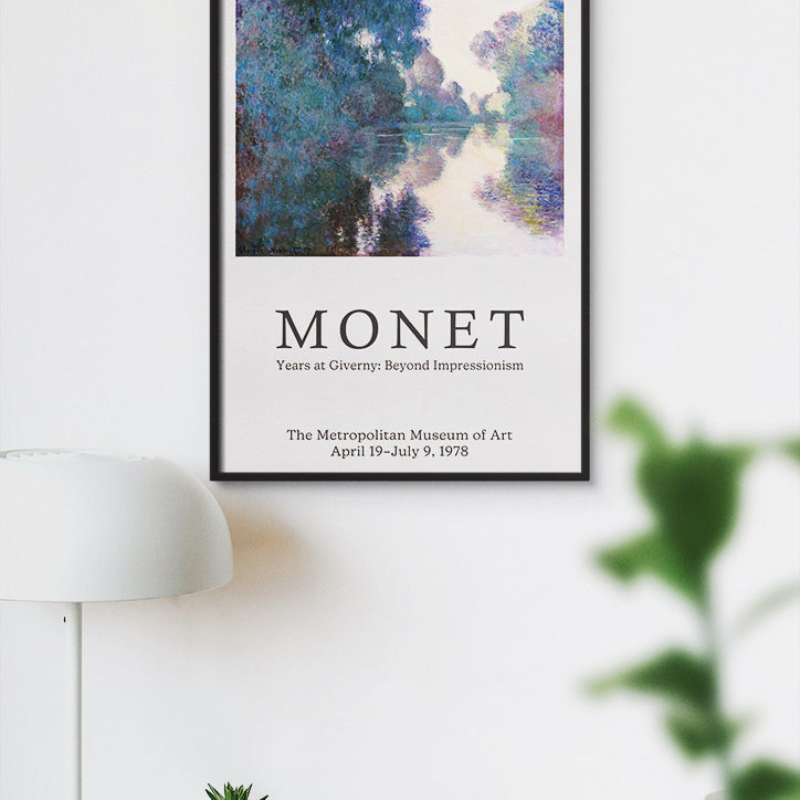 Claude Monet exhibition poster, featuring his painting 'Morning on the Seine near Giverny' from 1897.