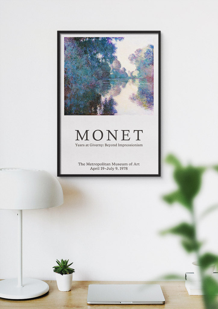 Claude Monet exhibition poster, featuring his painting 'Morning on the Seine near Giverny' from 1897.