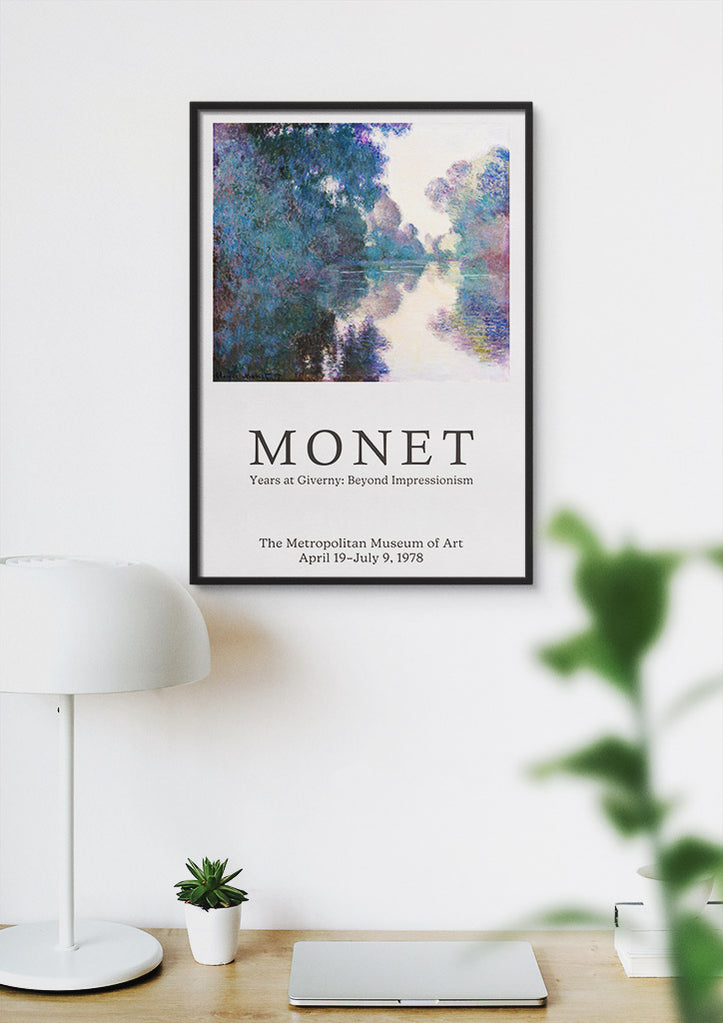 Claude Monet exhibition poster, featuring his painting 'Morning on the Seine near Giverny' from 1897.