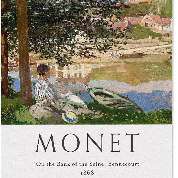 A beautiful Monet exhibition poster showing his painting 'On the Bank of the Seine, Bennecourt'. 