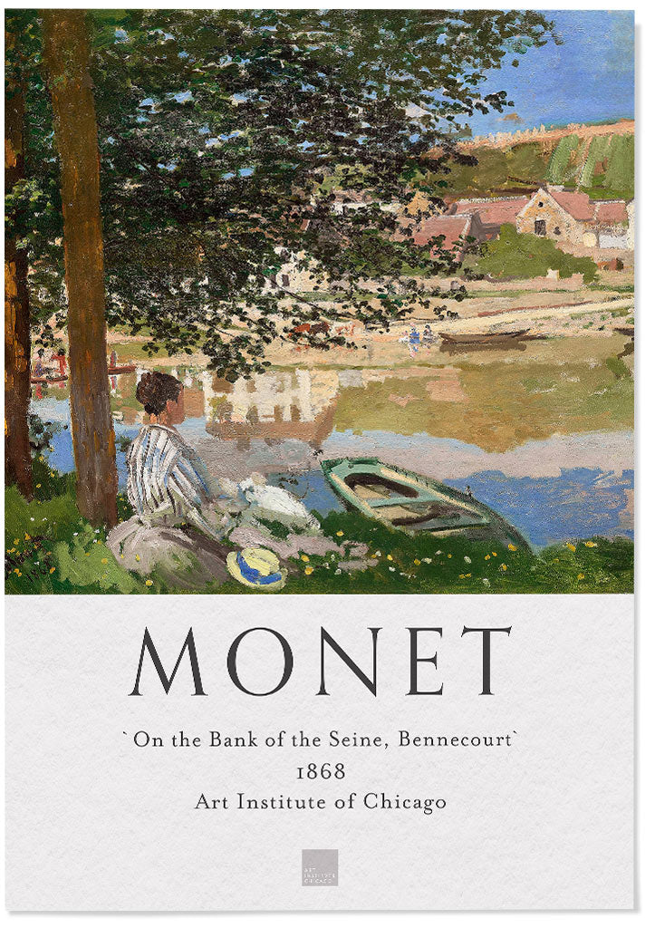A beautiful Monet exhibition poster showing his painting 'On the Bank of the Seine, Bennecourt'. 