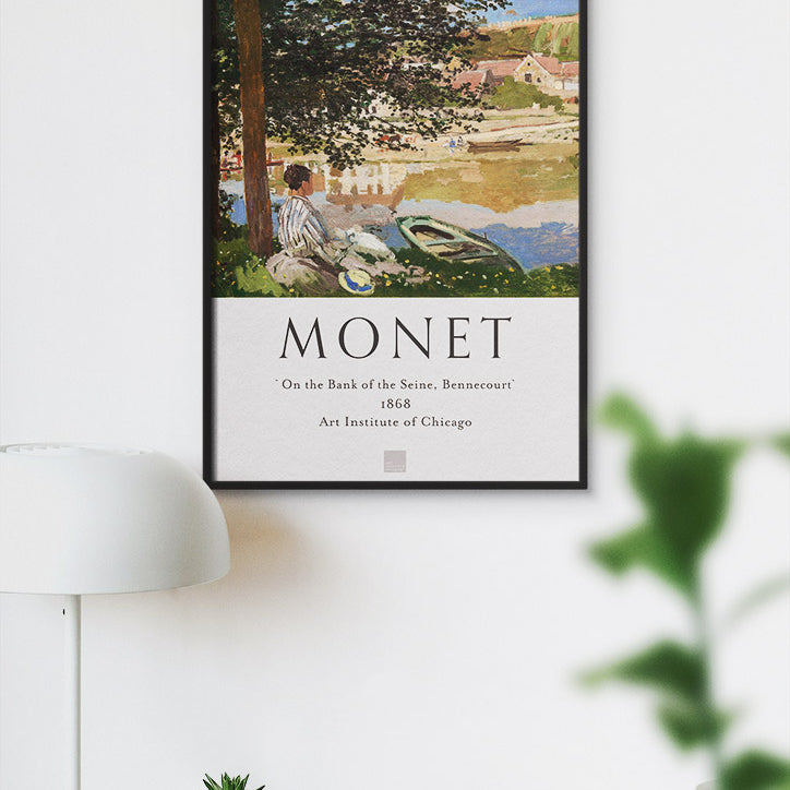 A beautiful Monet exhibition poster showing his painting 'On the Bank of the Seine, Bennecourt'. 