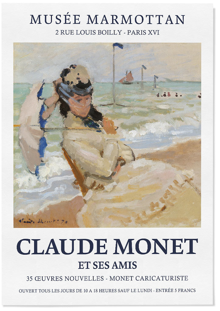 Claude Monet poster, featuring his still life painting 'Camille on the Beach at Trouville' from 1870.