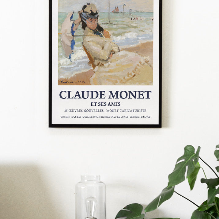 Claude Monet poster, featuring his still life painting 'Camille on the Beach at Trouville' from 1870.
