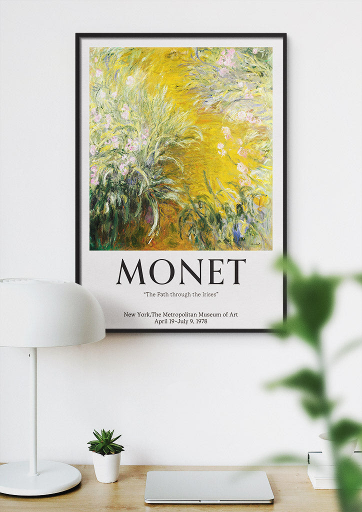 Claude Monet art poster featuring his painting 'Path through the Irises'.