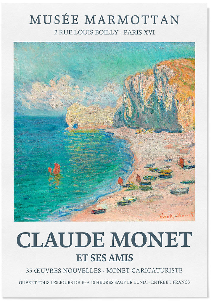 Claude Monet (1840-1926) exhibition poster for Musee Marmottan, featuring his painting 'Étretat: The Beach and the Falaise d’Amont' from 1885.