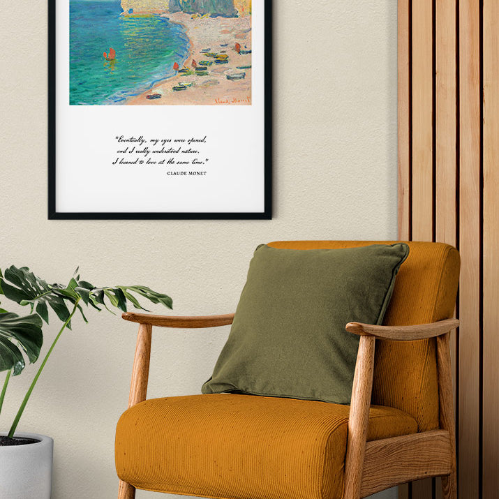 Claude Monet quote poster with his beautiful landscape painting 'Étretat: The Beach and the Falaise d’Amont'.