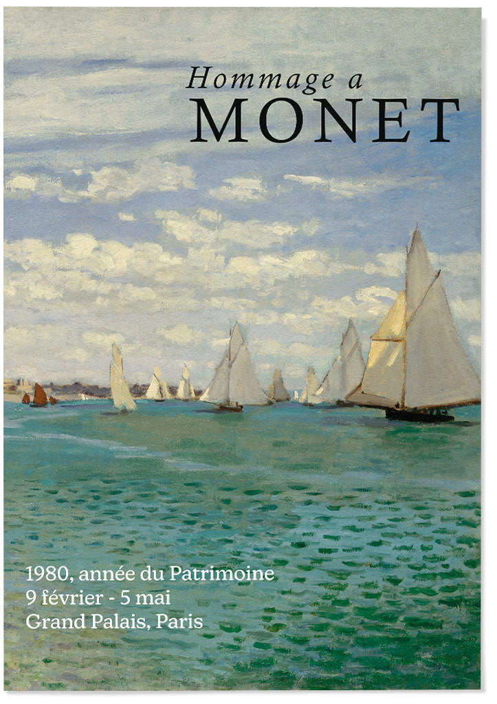 Claude Monet exhibition poster, featuring a detail of his painting 'Regatta at Sainte-Adresse'.