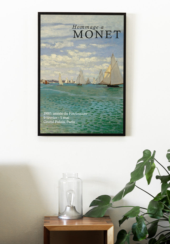 Claude Monet exhibition poster, featuring a detail of his painting 'Regatta at Sainte-Adresse'.