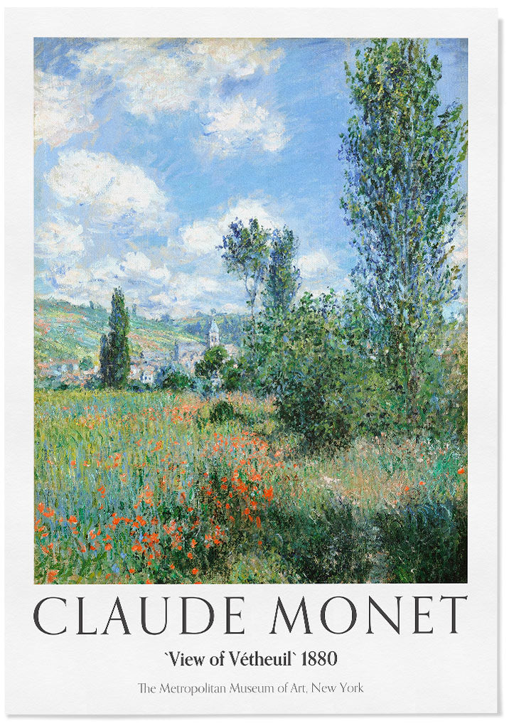 Claude Monet exhibition poster, featuring his landscape painting 'View of Vétheuil' from 1897. Claude Monet View of Vétheuil Poster