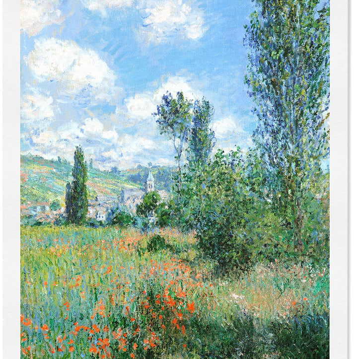 Claude Monet exhibition poster, featuring his painting 'View of Vétheuil' from 1897.