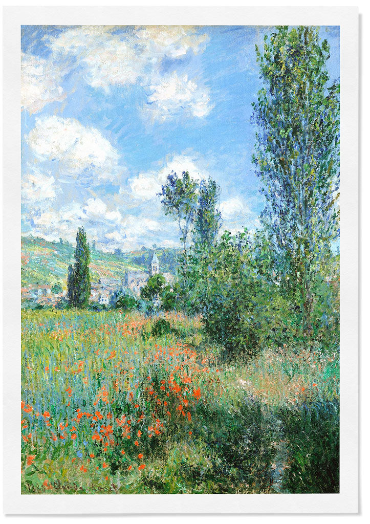 Claude Monet exhibition poster, featuring his painting 'View of Vétheuil' from 1897.