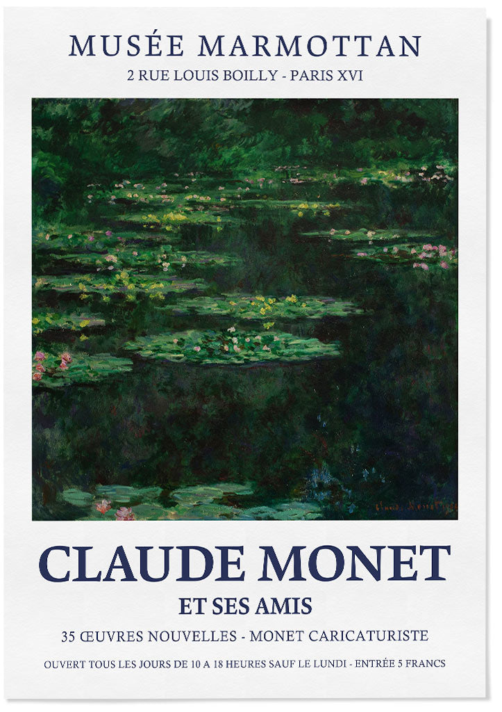 A vintage style Claude Monet exhibition poster featuring one of his paintings from the 'Water Lilies' series.