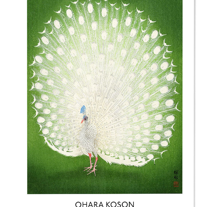 Peacock art poster by Ohara Koson. Vintage Japanese woodblock print.
