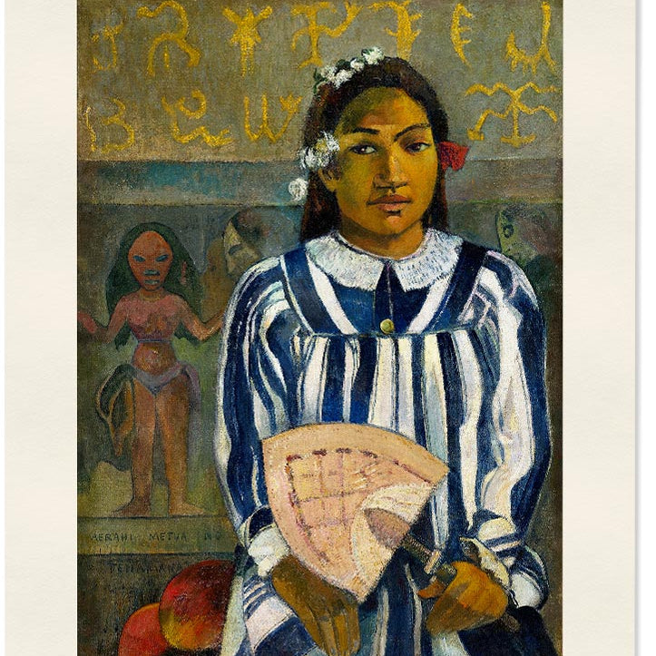 A beautiful Gauguin poster featuring his artwork "The Ancestors of Tehamana" from 1893.
