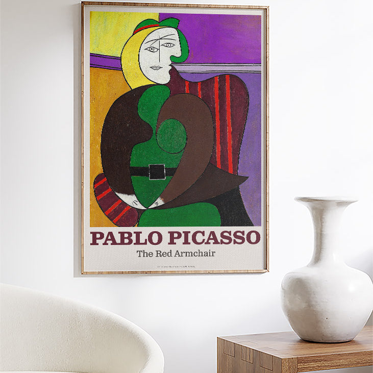 Pablo Picasso art poster featuring his artwork 'The Red Armchair' from 1931.