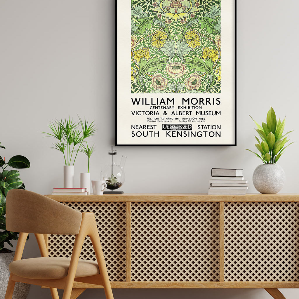 Green floral art by William Morris. Reproduction of a vintage exhibition poster from 1934.&nbsp;
